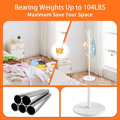 ZOZOE Metal Coat Rack Freestanding, Metal Coat Rack Stand with Natural Marble Base, Modern Coat Racks with 8 Hooks, White Coat Tree Hanger Stand for Jacket, Bag, Entryway, Office