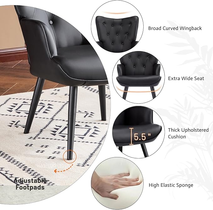 Furniliving PU Leather Accent Chair for Living Room, Upholstered Reading Chair with High Backrest, Tufted-Button Wingback Armchair for Bedroom, Dressing Room, Home Office, Set of 2, Black
