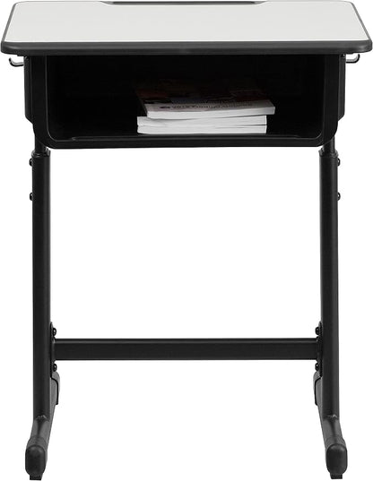 Flash Furniture Billie Open Front Student Desk for Classrooms or Remote Learning, Height Adjust School Desk with Book Box and Bag Hooks, Black/Gray