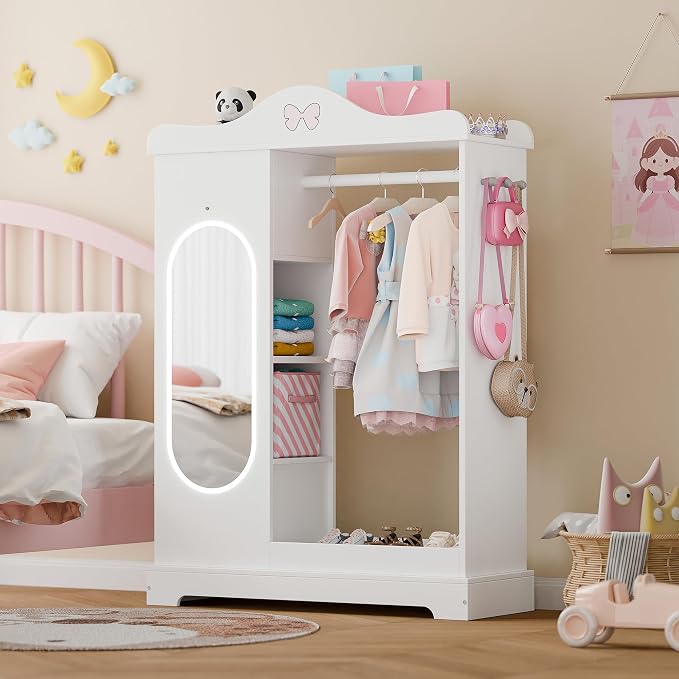Xilingol Kids Armoire Dress Up Storage with Mirror, Kids Wardrobe Closet with Jewelry Cabinet and Storage Shelves, Open Hanging Armoire Costume Organizer for Bedroom (White)