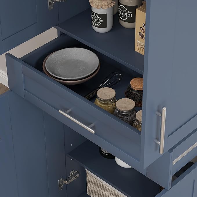 HOMCOM 72" Kitchen Pantry Cabinet, Freestanding Tall Storage Cabinet with 4 Doors, Drawer and 3 Adjustable Shelves for Dining Room, Navy Blue
