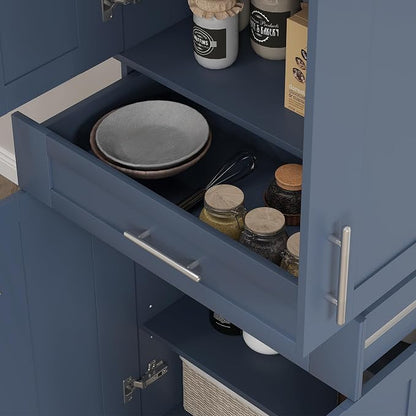 HOMCOM 72" Kitchen Pantry Cabinet, Freestanding Tall Storage Cabinet with 4 Doors, Drawer and 3 Adjustable Shelves for Dining Room, Navy Blue