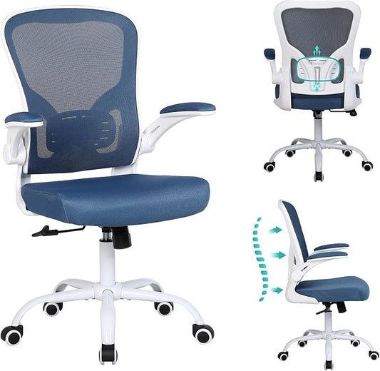 Flysky Mesh Office Chair, Ergonomic Computer Desk Chairs for Home Office - with Comfy/Comfortable Flip-up Arm Rests, Lumbar Support, Height Adjustable, 360 Degree Rolling Swivel (Blue)