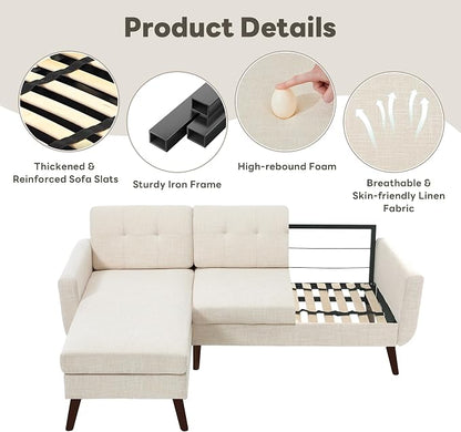 Tbfit L Shaped Couch Sofa, 80" W Mid-Century Modern Sectional Couches, 3 Seater Sofas with Wide Chaise Lounge, Button Tufted Upholstered Sectional Sofa for Living Room, Bedroom, Beige