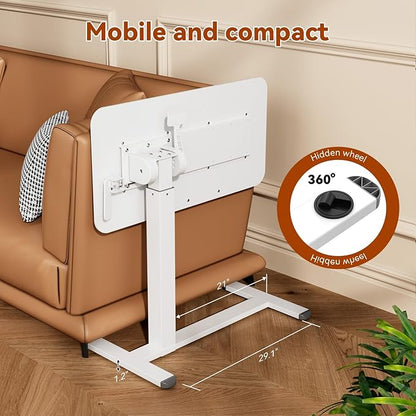Mobile Standing Desk, Height Adjustable Left/Right Overbed Bedside Table, 90° Tiltable Portable Laptop Desk with Wheels, Foldable Computer Cart for Hospital Home Use, White