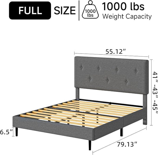 Full Size Linen Bed Frame, Upholstered Platform Bed Frame with Adjustable Headboard, Wooden Slats Support, No Box Spring Needed, Easy Assembly, Grey