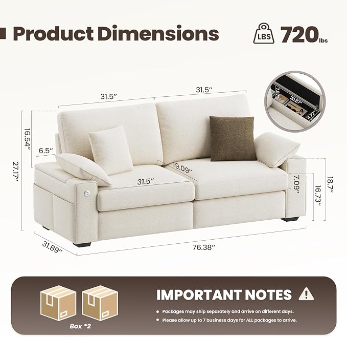 MALOL 76" Loveseat Couch, 3 Seater Upholstered Midcentury Mondern Love Seat with USB Type C Ports, 4 Pillows and Storage Armrest Cloud Foam Sofa for Living Room/Small Spaces, Beige | Breathable material