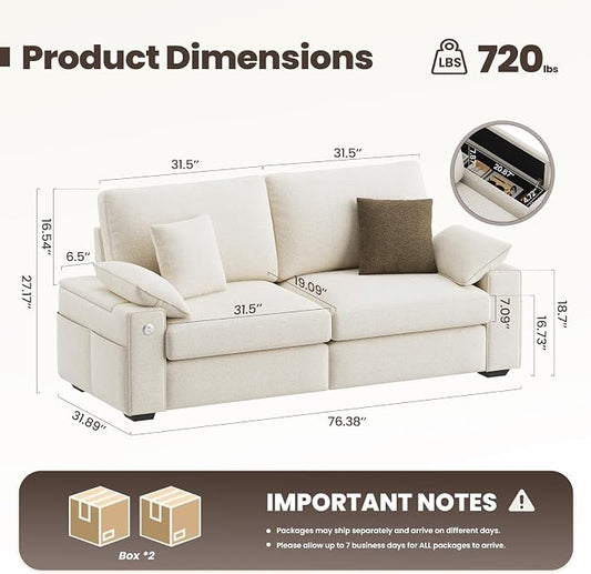 MALOL 76" Loveseat Couch, 3 Seater Upholstered Midcentury Mondern Love Seat with USB Type C Ports, 4 Pillows and Storage Armrest Cloud Foam Sofa for Living Room/Small Spaces, Beige | Breathable material