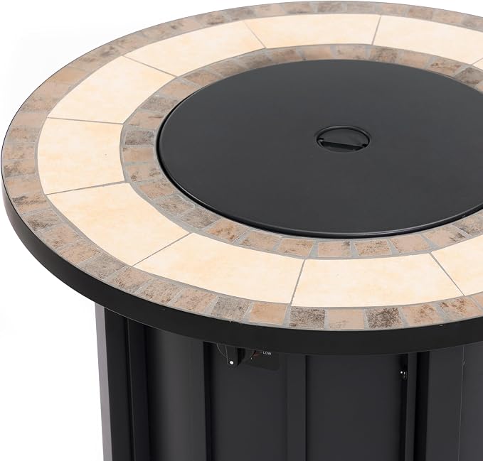 30" Propane Gas Fire Pit Table, 50000 BTU Round Outdoor Fire Pit with Mosaic Ceramic Tabletop, Steel Patio Fire Table with Lid & Rain Cover for Backyard Deck Garden, Black