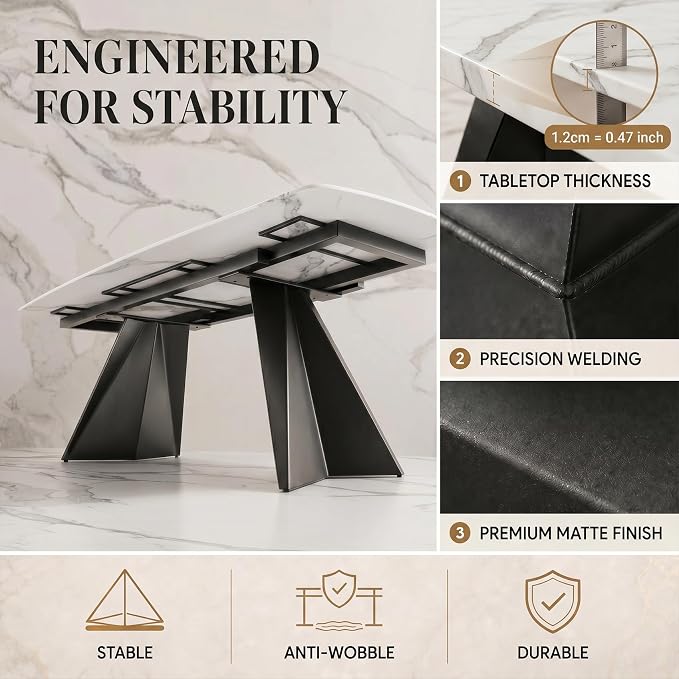 Honyee Extendable Dining Table with Leaf, 78 to 110 Inch Rectangular Sintered Stone, Modern Large Dining Room Table Seats 6 8 10 12, Metal Base, Marble Look for Family Gatherings