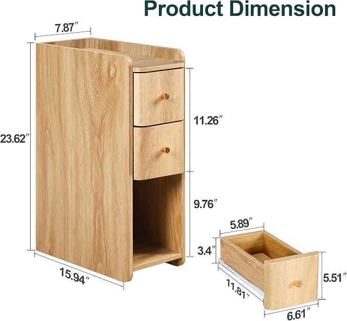 Small Nightstand Set of 2, Wood 2 Drawer Narrow Nightstand, Slim Side Table, Modern Skinny End Bedside Table, Natural Wood Night Stand with Drawers for Bedroom (Natural-2 pcs)