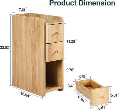 Narrow End Table Bedroom, Wooden Small 2 Drawer Nightstand, Thin Couch Side End Table, Skinny Bedside Table Small Spaces, Mid Century Modern Night Stand with Drawers (Natural-1 pc)