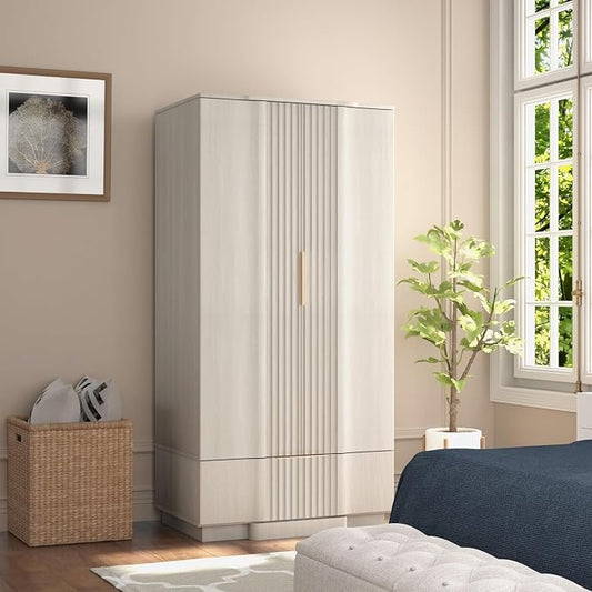 Brafab 67" Fluted Armoire Wardrobe Closet with Drawers and Doors, Wooden Wardrobe Cabinet with Adjustable Shelves, Modern Storage for Clothes, Coats for Bedroom,White Oak (1 pcs)