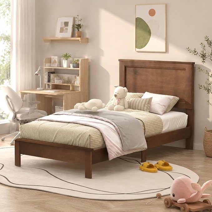 Wood Bed Frames with Headboard, Mid Century Bed Frame with Solid Wood Legs & Wooden Slat Support, Mattress Foundation Bed Base, No Box Spring Needed, (Walnut, Twin)