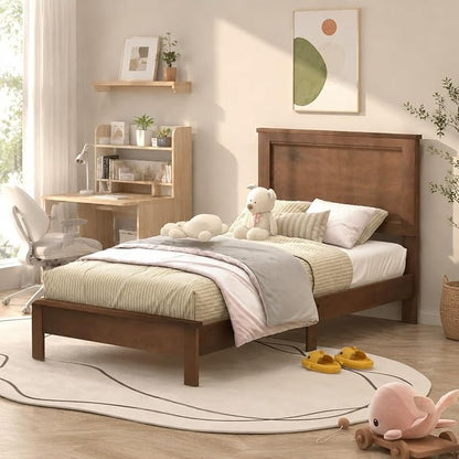 Wood Bed Frames with Headboard, Mid Century Bed Frame with Solid Wood Legs & Wooden Slat Support, Mattress Foundation Bed Base, No Box Spring Needed, (Walnut, Twin)