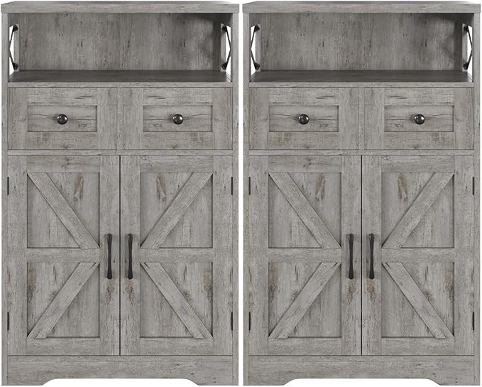 Befrases Set of 2 Farmhouse Storage Cabinet with Drawers and Adjustable Shelves, Freestanding Kitchen Pantry Storage Cabinet, Floor Storage Cupboard for Dining Living Room Home Office, Washed Grey