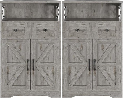 Befrases Set of 2 Farmhouse Storage Cabinet with Drawers and Adjustable Shelves, Freestanding Kitchen Pantry Storage Cabinet, Floor Storage Cupboard for Dining Living Room Home Office, Washed Grey