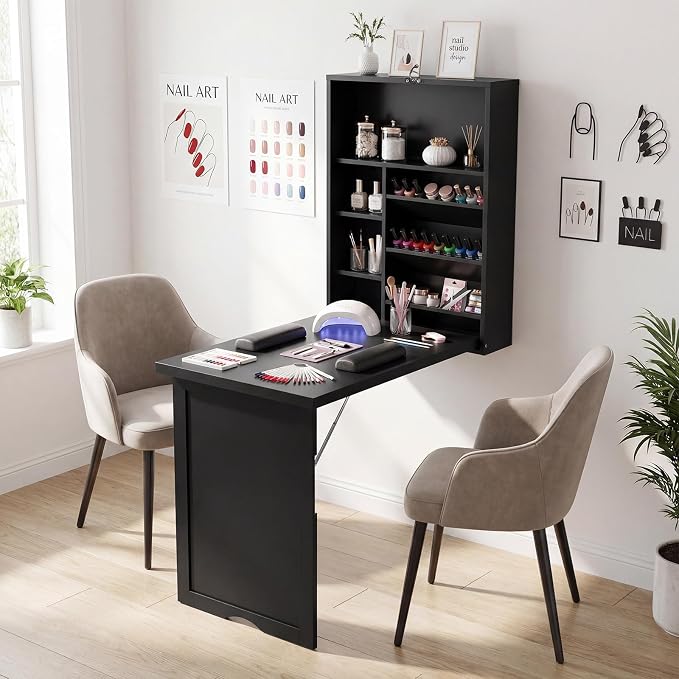 Tangkula Folding Wall Mounted Desk, Convertible Fold Out Floating Table with Storage Shelves, Space-Saving Drop Leaf Table, Murphy Desk for Craft, Study, Small Spaces, Home Office, Dorm, Black