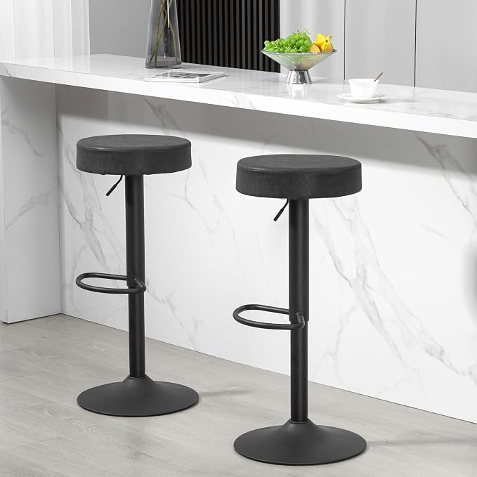 Finnhomy Bar Stools Set of 2 Counter Height, Swivel Barstools with Footrest and Backless Round, Height Adjustable Rustic Bar stools for Kitchen, Vintage Leather, Retro Black