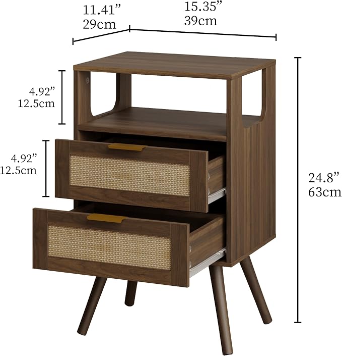 JOONEE Rattan Nightstand,Farmhouse Bedside Table with 2 Storage Drawer and Open Wood Shelf, for Bedroom and Small Spaces,Night Stand with Solid Wood Legs (Walnut Brown)