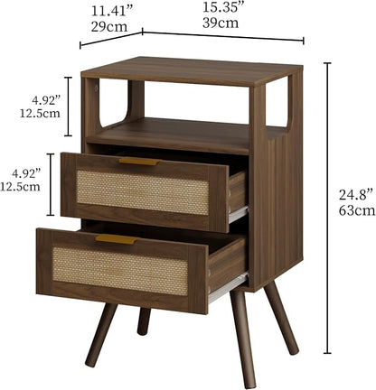 JOONEE Rattan Nightstand,Farmhouse Bedside Table with 2 Storage Drawer and Open Wood Shelf, for Bedroom and Small Spaces,Night Stand with Solid Wood Legs (Walnut Brown)