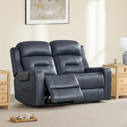 Watson & Whitely Genuine Leather Power Loveseat Recliner Sofa, Lay Flat Loveseat Reclining Sofa with Power Headrest, Cup Holders, USB & Type-C Ports, Dual Recliners for Living Room, Navy Blue