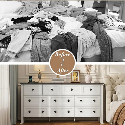 Gyfimoie 10-Drawer Dresser, 63" Farmhouse Wood Storage Chest of Drawers, Long Dresser TV Stand for TVs up to 75", Vintage Wide Dressers Organizer with Metal Handles for Bedroom, White