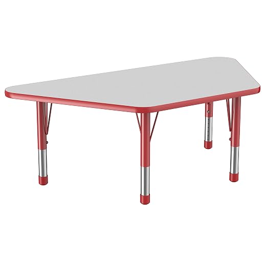 FDP Trapezoid Activity School and Classroom Kids Table (30 x 60 inch), Chunky Toddler Legs for Collaborative Seating Environments, Adjustable Height 15-24 inches - Gray Top and Red Edge
