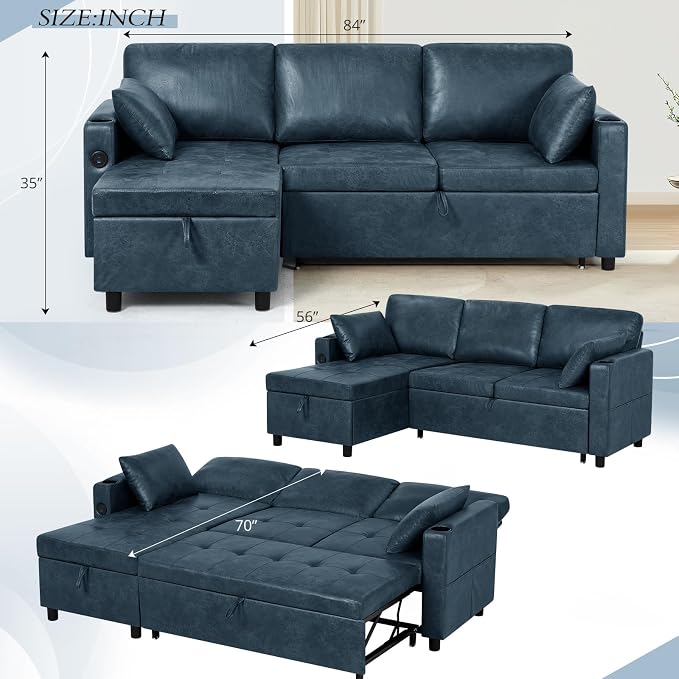 84" L-Shape Pull Out Sofa Bed with Adjustable Backrest, Upholstered Sectional Sleeper Sofa with Storage Chaise, Suede Leather Reversible Couch Bed with USB Port for Living Room, House, Blue