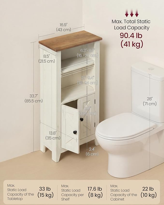 VASAGLE LIRY Collection - Storage Cabinet, Farmhouse Floor Cabinet with Drawers, Freestanding Storage Organizer for Bathroom, Barn Door, Adjustable Shelf, Cloud White and Rustic Brown UBBK313W101S