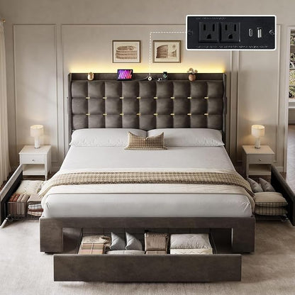 YITAHOME Queen Size Bed Frame with 3 Storage Drawers and RGB LED Lights, Velvet Upholstered Bed with Charging Station and Storage Headboard, No Box Spring Needed, Easy Assembly, Noise-Free, Grey