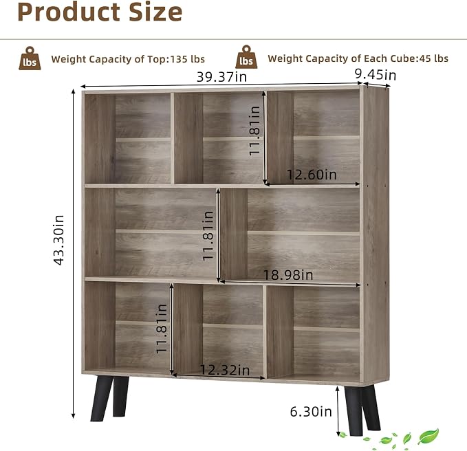 LEYAOYAO 8 Cube Bookshelf,3 Tier Bookcase with Legs,Modern Grey Mid-Century Bookshelves,Large Farmhouse Open Storage Organizer Shelf, Retro Wooden Display Book Case for Bedroom,Living Room,Office