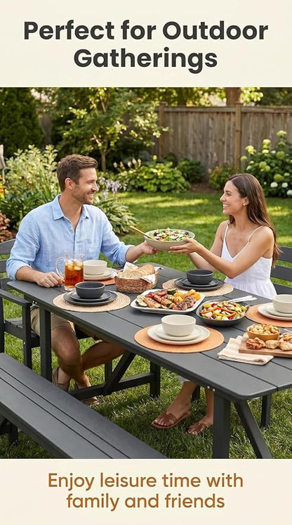 Amopatio HDPE Patio Outdoor Dining Table for 6 All Weather Rectangular Table with Umbrella Hole for Porch Deck Garden Backyard Poolside