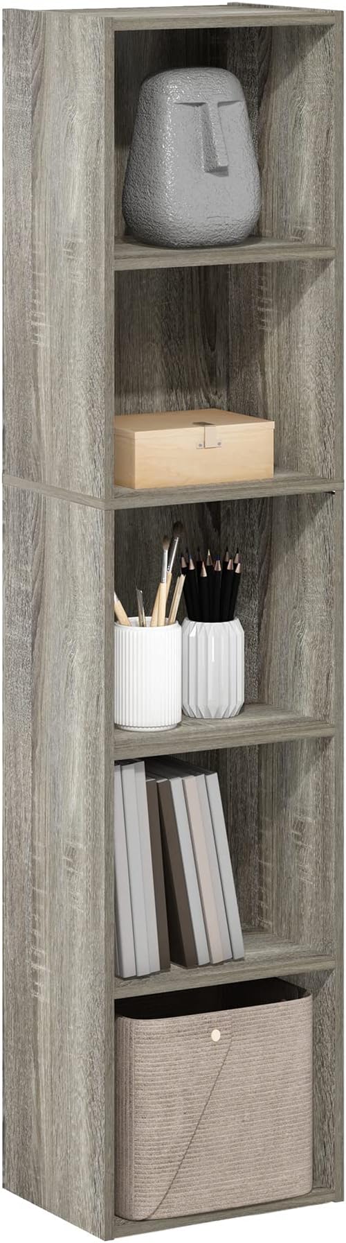 Furinno PASIR Book Shelf, 5-Tier Tall Narrow Bookshelf, Open Shelves Bookcase, 9 x 12 x 52, Easy Assembly, for Living Room, Bedroom, Home Office, French Oak