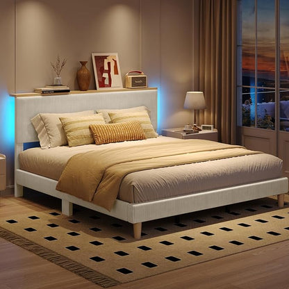Bestier King Bed Frame with Adjustable Headboard & RGB LEDLighting, Corduroy Upholstered Platform Bed Frame withStorage Shelf, Solid Wood Slats, No Box Spring Needed,Never Squeak, Light Grey