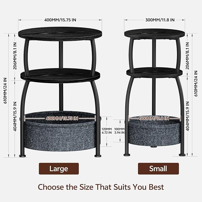 Round Side Table with Storage Basket, End Table Living Room, Black | Round End Table Small Spaces, Bedside Table for Bedroom, 3 Tiers, Sofa Couch Side Table, Greige 15.75 x 24in