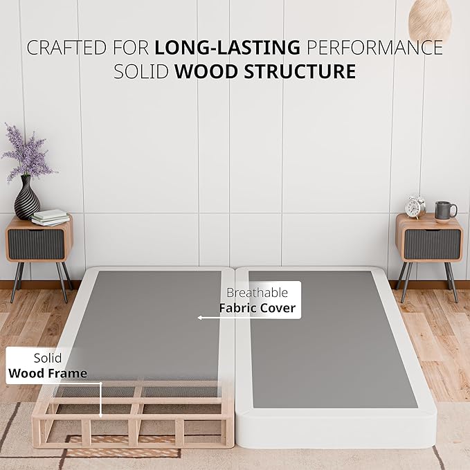 Nutan, 4-Inch Sturdy Wood Box Spring for Mattress Support - Durable and Fully Assembled, Natural Wood Foundation for Queen, White