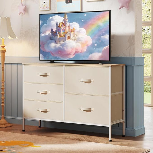 WLIVE Dresser for Bedroom with 5 Drawers, Wide Chest of Drawers for Bedroom, Fabric Dresser for Living Room, Closet, Hallway, Cream White