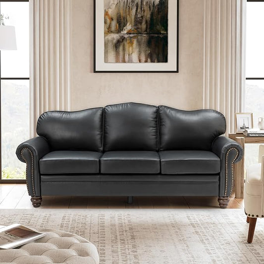 81" Genuine Leather Sofa, Classic 3-Seater Couchs with Wood Legs, Stylish & Comfortable Sofa for Living Room or Office, Easy Assembly and Maintain & Long-Lasting, Black
