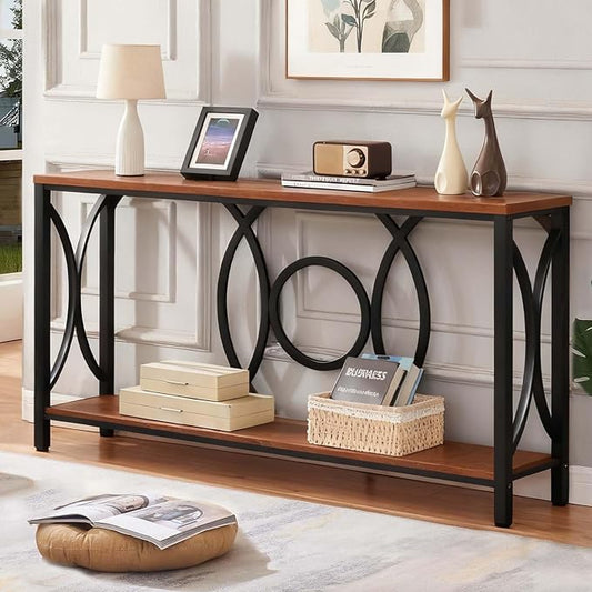 HOMISSUE Sofa Console Table, Rustic Console Table with Faux Marbled Tabletop, Engineered Wood Entryway Tables with 2 Tier Storage, Narrow Sofa Table for Living Room, Hallway (55 Inch, Rustic Brown)