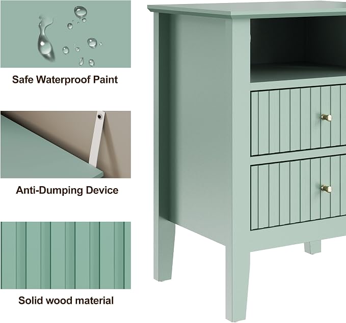 RoyalCraft Fluted Nightstand Set of 2, Colorful Nightstand with 2 Drawers, Modern Wooden End Table with Storage for Small Spaces, Side Table for Bedroom, Couch, Home Office, Milky Green