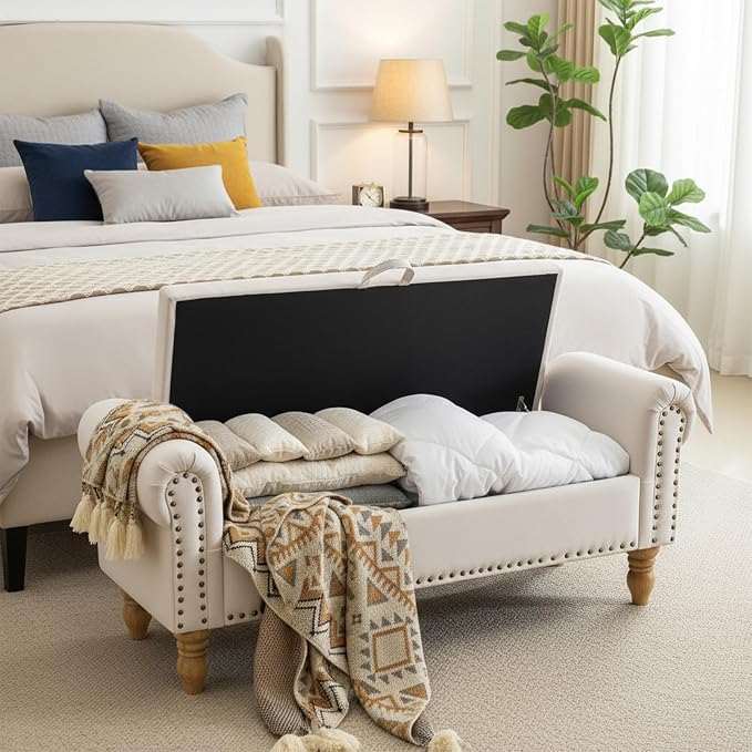 55" Bench for End of Bed Storage Benches, Queen End of Bed Bench Corduroy Upholstered Storage Ottoman Window Bench with Storage, for Bedroom, Entryway, Closet, Dark Grey
