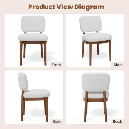 Wooden Dining Chairs Set of 2, Boucle Upholstered Kitchen Chairs with Solid Wood Legs, Mid Century Modern Dining Chairs, Farmhouse Side Chair with Hardwood Frame for Dining Room, White