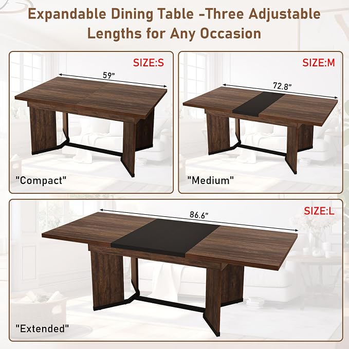86 in Extendable Dining Table for 6 8 10 People,59"-86" Farmhouse Rectangle Extending Dining Table w/Removable Leaves Space Saving,Wooden Adjustable Tables for Kitchen Office Living Room (Brown&Black)