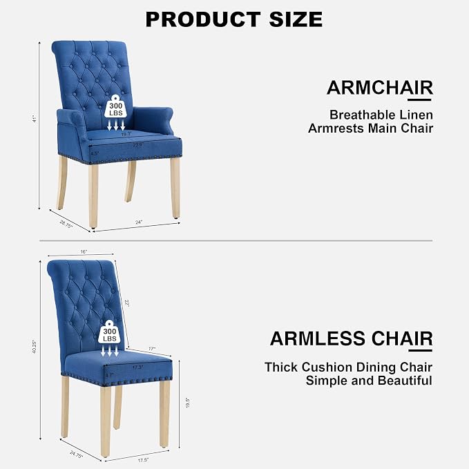 AODCHR Upholstered Fabric Accent Dining Chair Set of 5, Elegant Tufted Dining Room Chairs, Kitchen Room 1 Arm with 4 Armless,Blue
