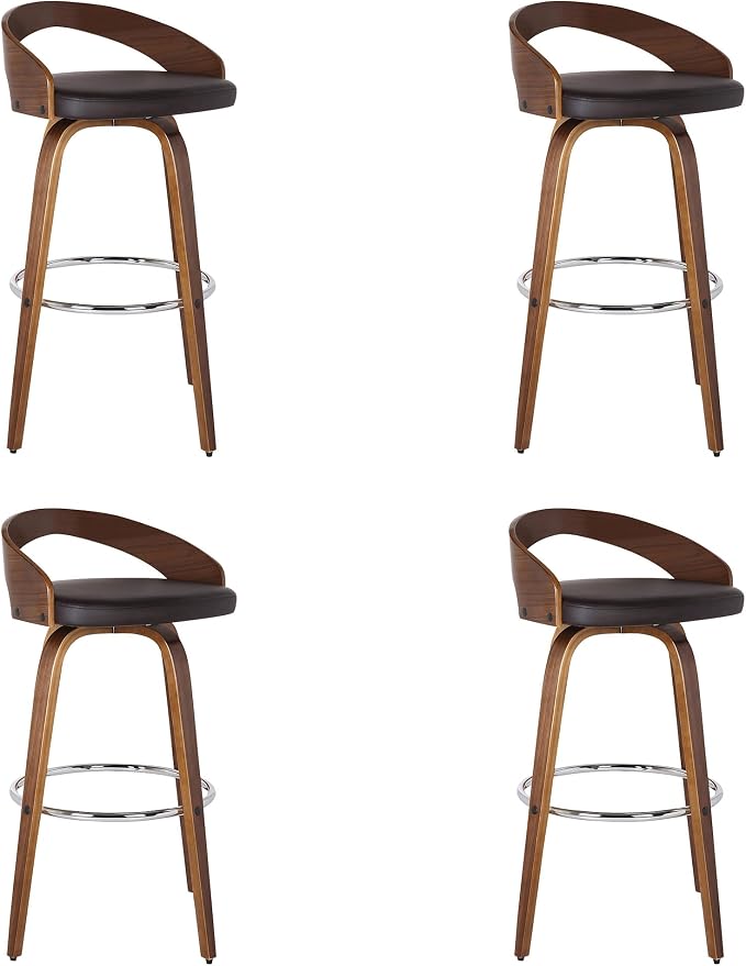 Armen Living Sonia 30" Bar Height Swivel Brown Faux Leather and Walnut Wood Bar Stool - Set of 2