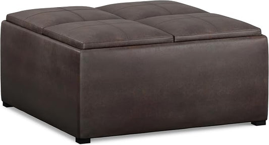 SIMPLIHOME Avalon Wide Contemporary Square Coffee Table Storage Ottoman, Distressed Brown, Table Ottoman