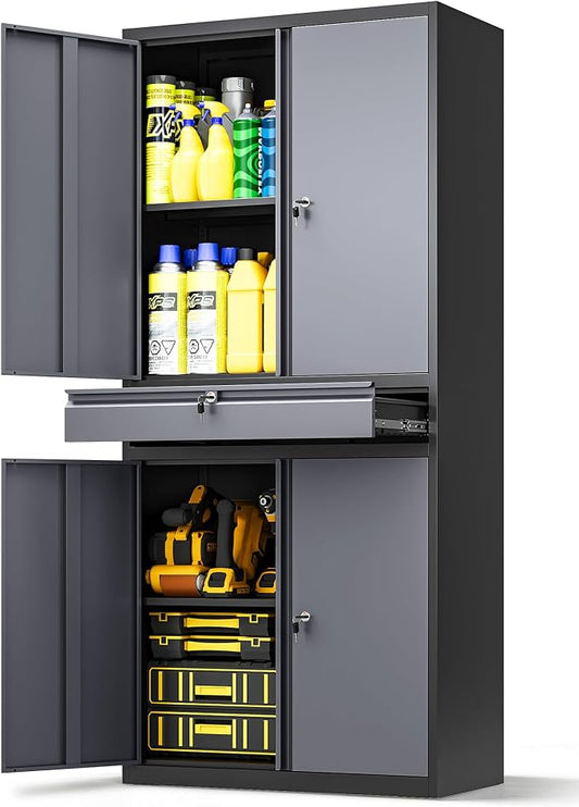 Metal Storage Cabinet with Drawer, Garage Storage Cabinet with Locking Doors and Adjustable Shelves for Garage, Home Office,Warehouse