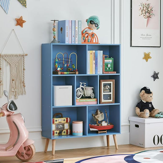 LEYAOYAO Cube Bookshelf 3 Tier Mid-Century Blue Modern Bookcase with Legs,Retro Wood Bookshelves Storage Organizer Shelf,Freestanding Open Book Shelves for Bedroom,Living Room,Office