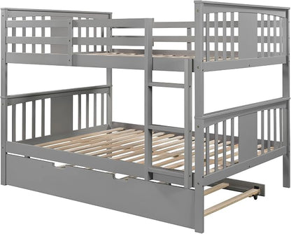 Merax Full-Over-Full Bunk Bed with Twin Trundle, Solid Wood Bunk Bed Frame with Guardrail and Removable Ladder, Can be Separated into 2 Beds, Grey